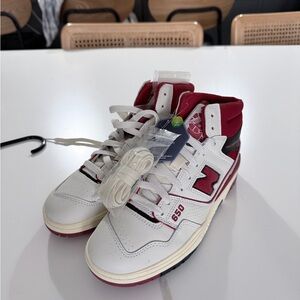 New Balance AIME LEON DORE High-Top Sneakers in White & Red